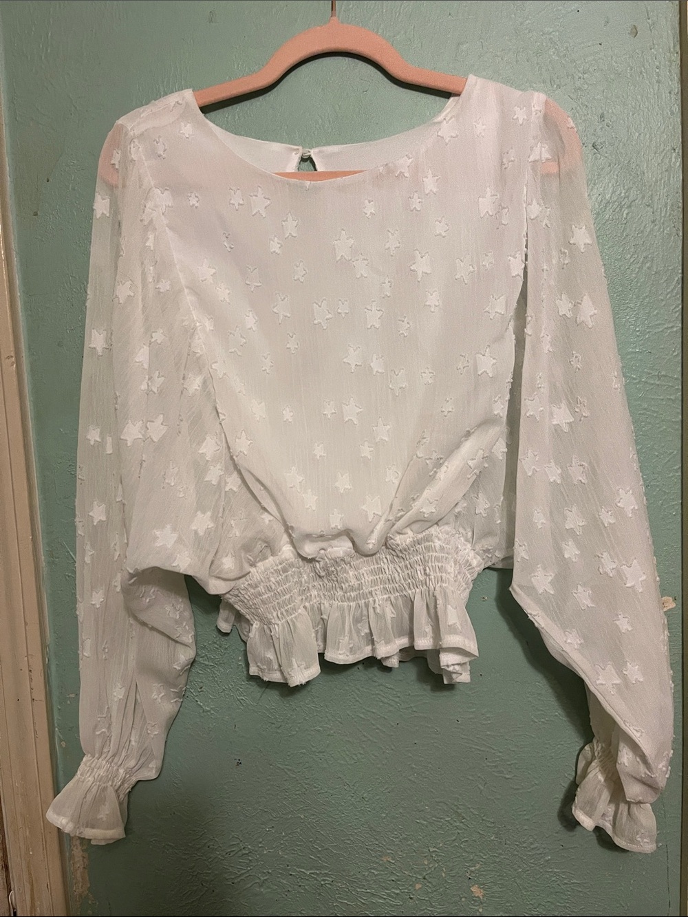 White Star-Embossed Long Sleeve Peplum Top